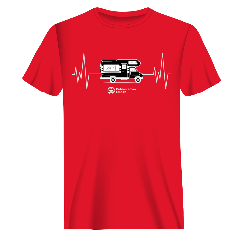 Red Camping Cardiogram Man T-Shirt by Outdoorzees featuring a camping-themed cardiogram design on soft cotton fabric.