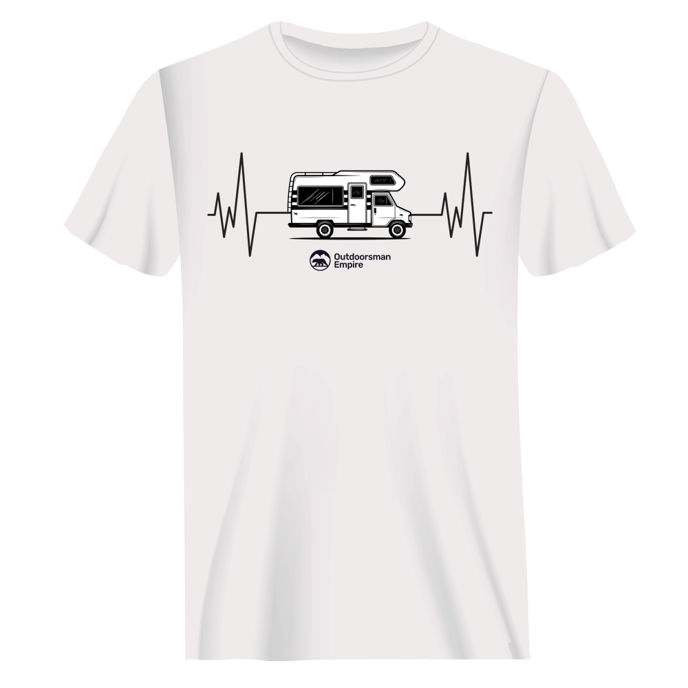 White Camping Cardiogram Man T-Shirt by Outdoorzees showing a casual fit with camping-themed graphic print.
