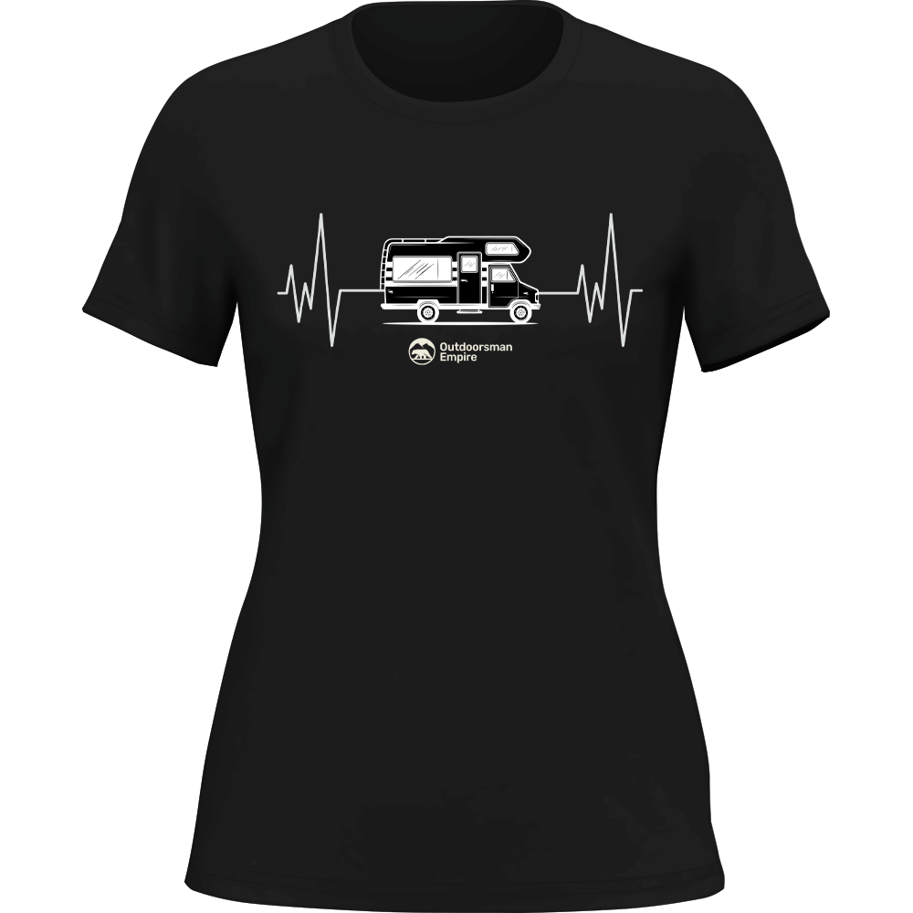 Black women's Camping Cardiogram T-Shirt by Outdoorzees featuring a camping-themed cardiogram graphic on soft cotton fabric.
