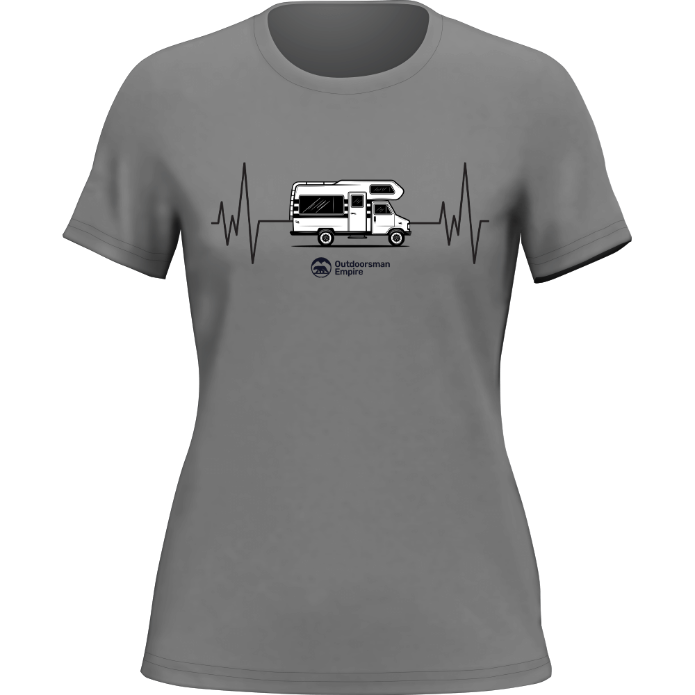 Gray women's Camping Cardiogram T-shirt by Outdoorzees featuring a camping-themed heart graphic and casual fit.