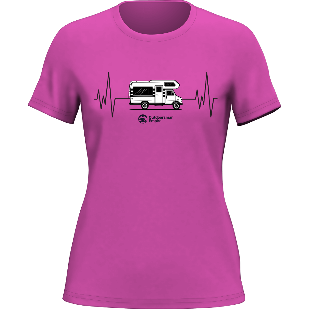 Pink Women's Camping Cardiogram T-Shirt by Outdoorzees featuring a camping-themed graphic on soft cotton fabric.