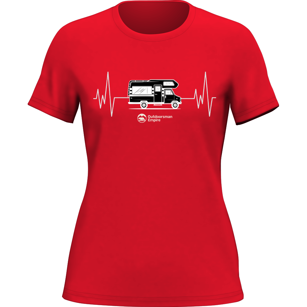 Red women's Camping Cardiogram T-Shirt by Outdoorzees featuring a camping-themed cardiogram design on soft cotton fabric.