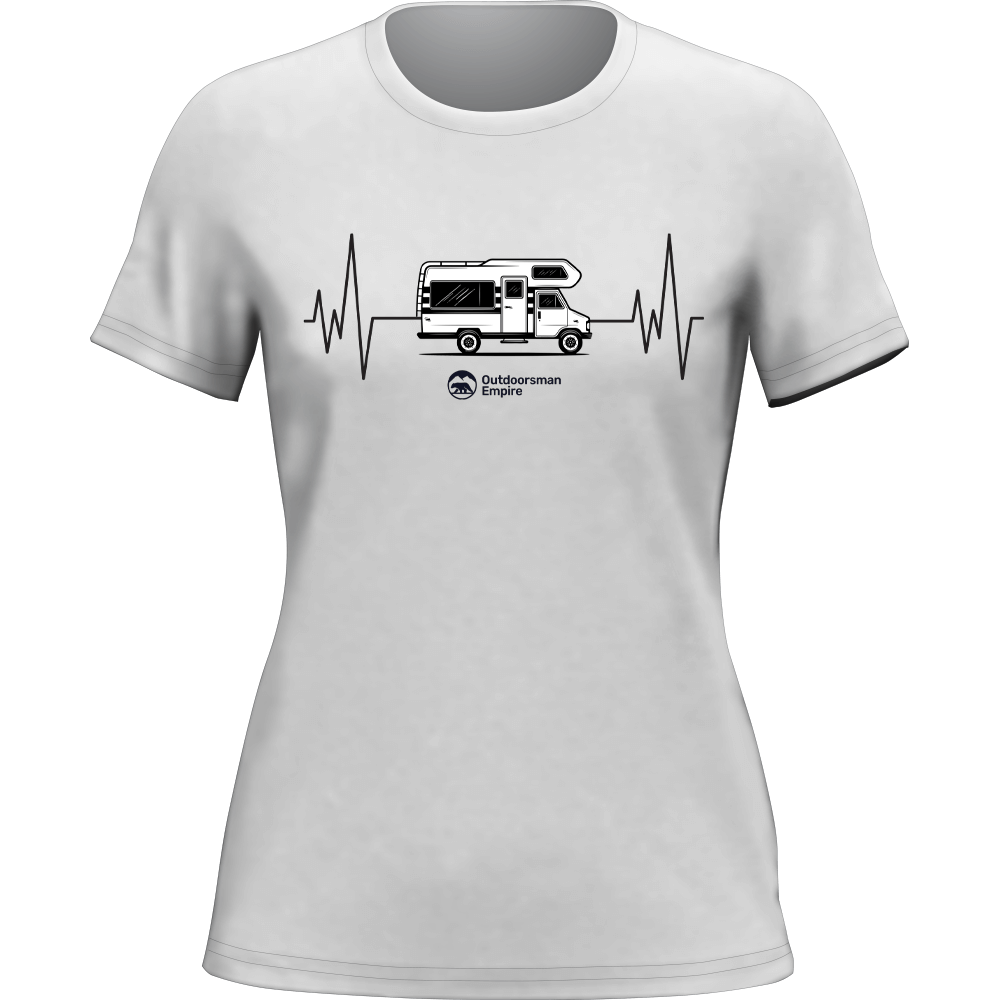 White women's camping cardiogram T-shirt by Outdoorzees featuring outdoor-themed design and comfortable fit.