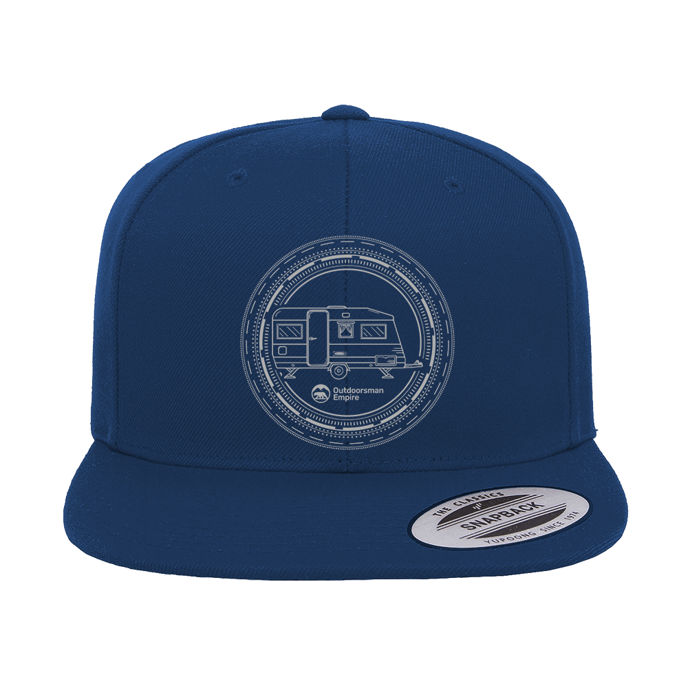 Outdoorzees embroidered camping kaleidoscope flat bill cap in blue with colorful embroidery, outdoor adventure style hat.