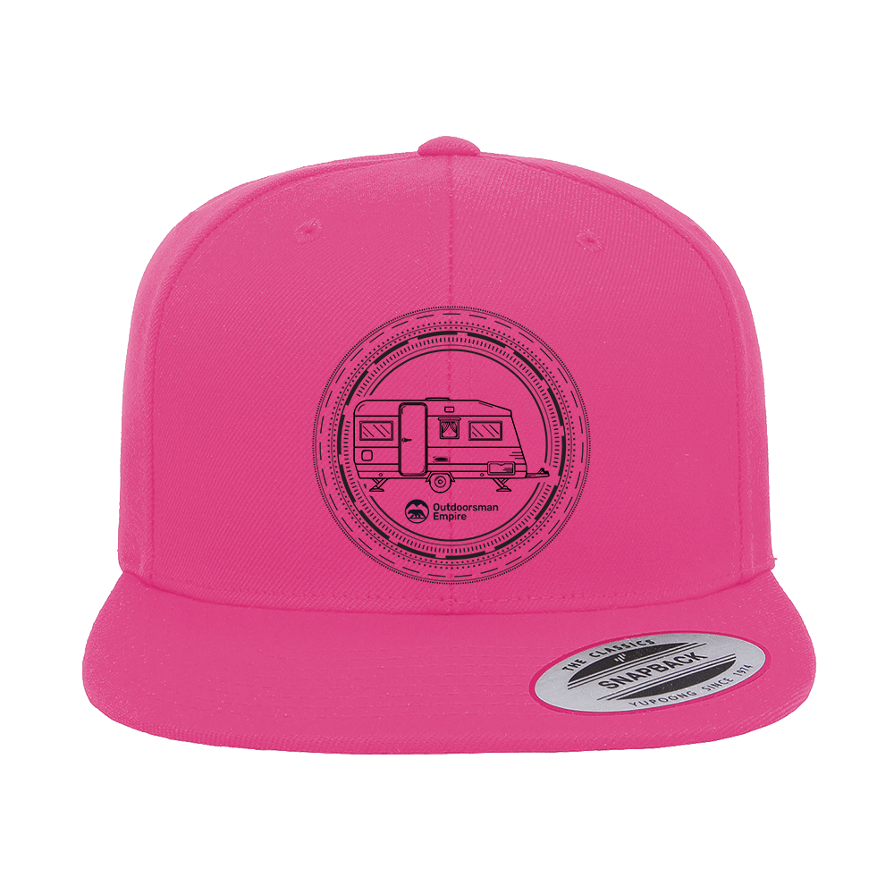 Outdoorzees camping kaleidoscope embroidered flat bill cap in pink, showcasing detailed embroidery and stylish outdoor design.