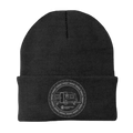 Black embroidered beanie with camping kaleidoscope design by Outdoorzees, featuring colorful embroidery and cozy knit texture.
