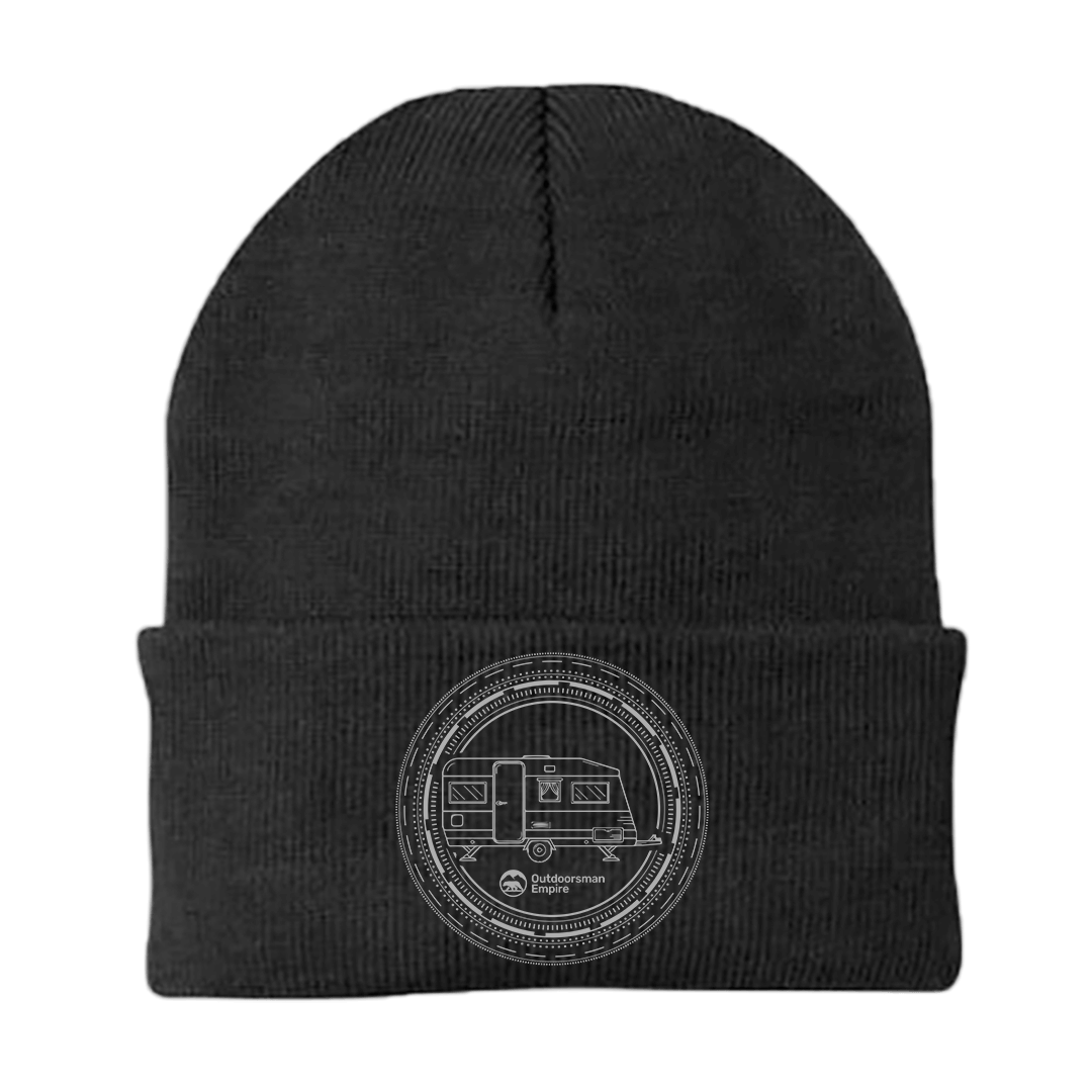 Black embroidered beanie with camping kaleidoscope design by Outdoorzees, featuring colorful embroidery and cozy knit texture.