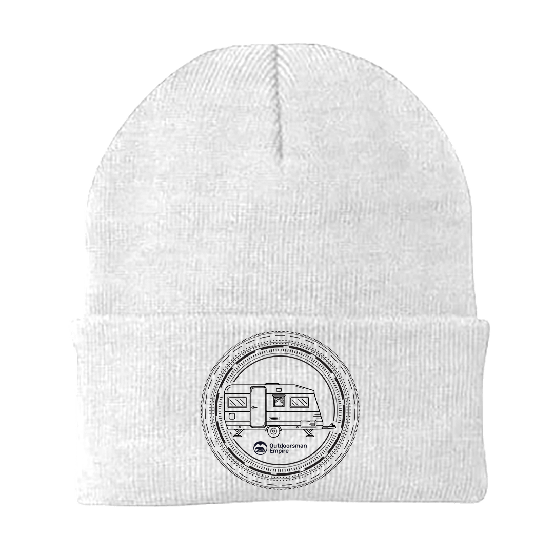 White embroidered beanie with camping kaleidoscope design from Outdoorzees, perfect for outdoor adventures and cozy weather.