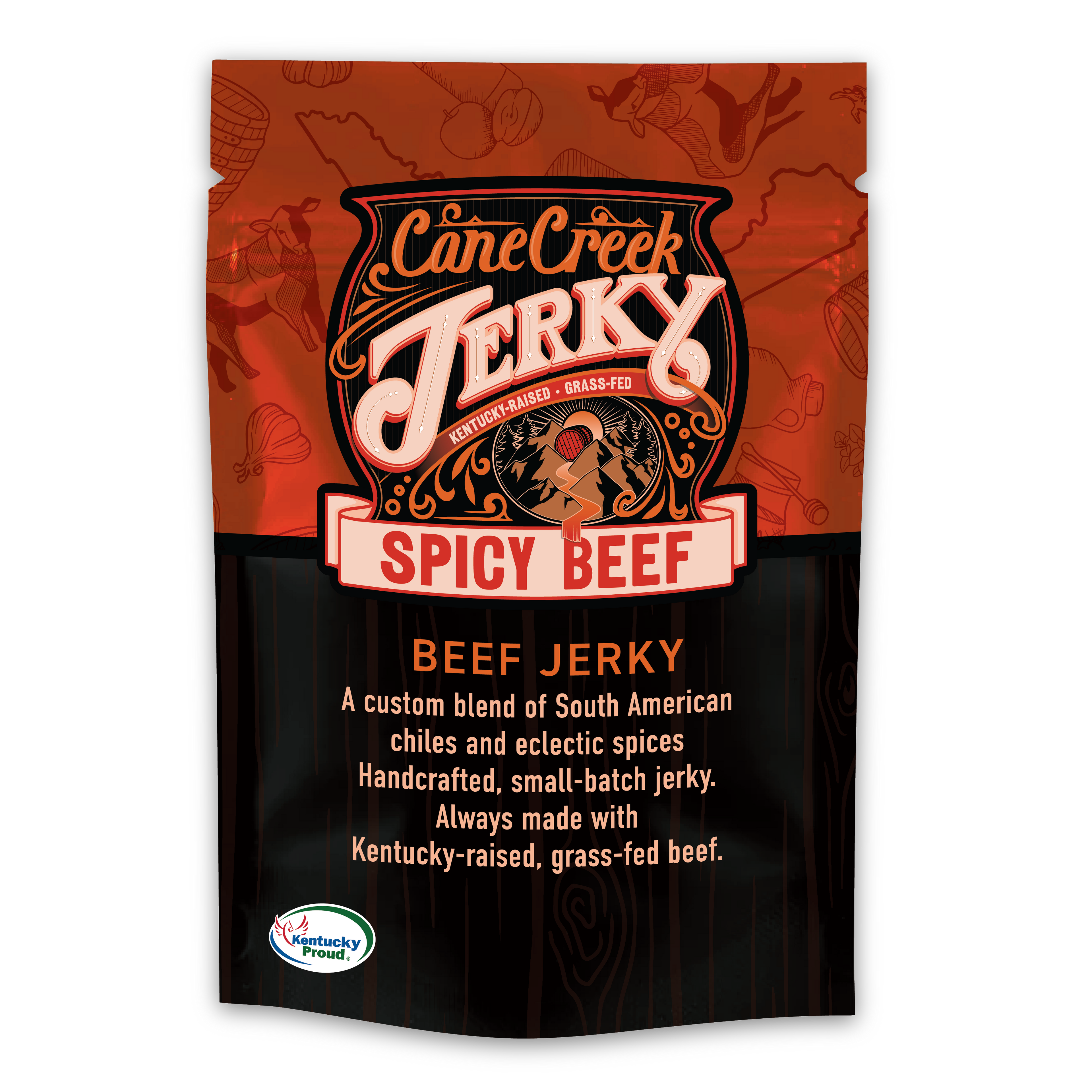 Spicy beef jerky from Cane Creek Jerky showing seasoned, dried beef strips with a spicy glaze, ready to eat.