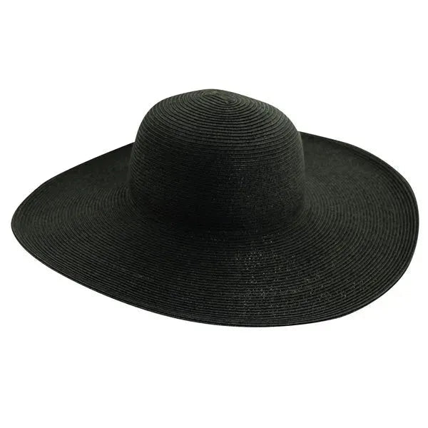 Women's straw sun hat from Scala Cape May by HatCountry, featuring a wide brim and classic black design for sun protection.