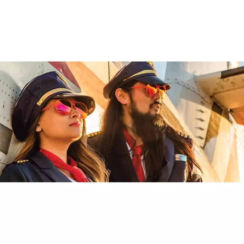 Captain Blunt's Red-Eye MACH G polarized sunglasses worn on face, featuring bold red eye design and sleek accessories style.