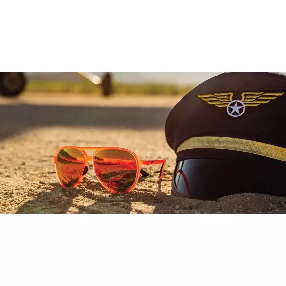 Red-Eye MACH G polarized sunglasses by Rare Air Discs with sleek black frame and red-tinted lenses, designed for style and UV protection.