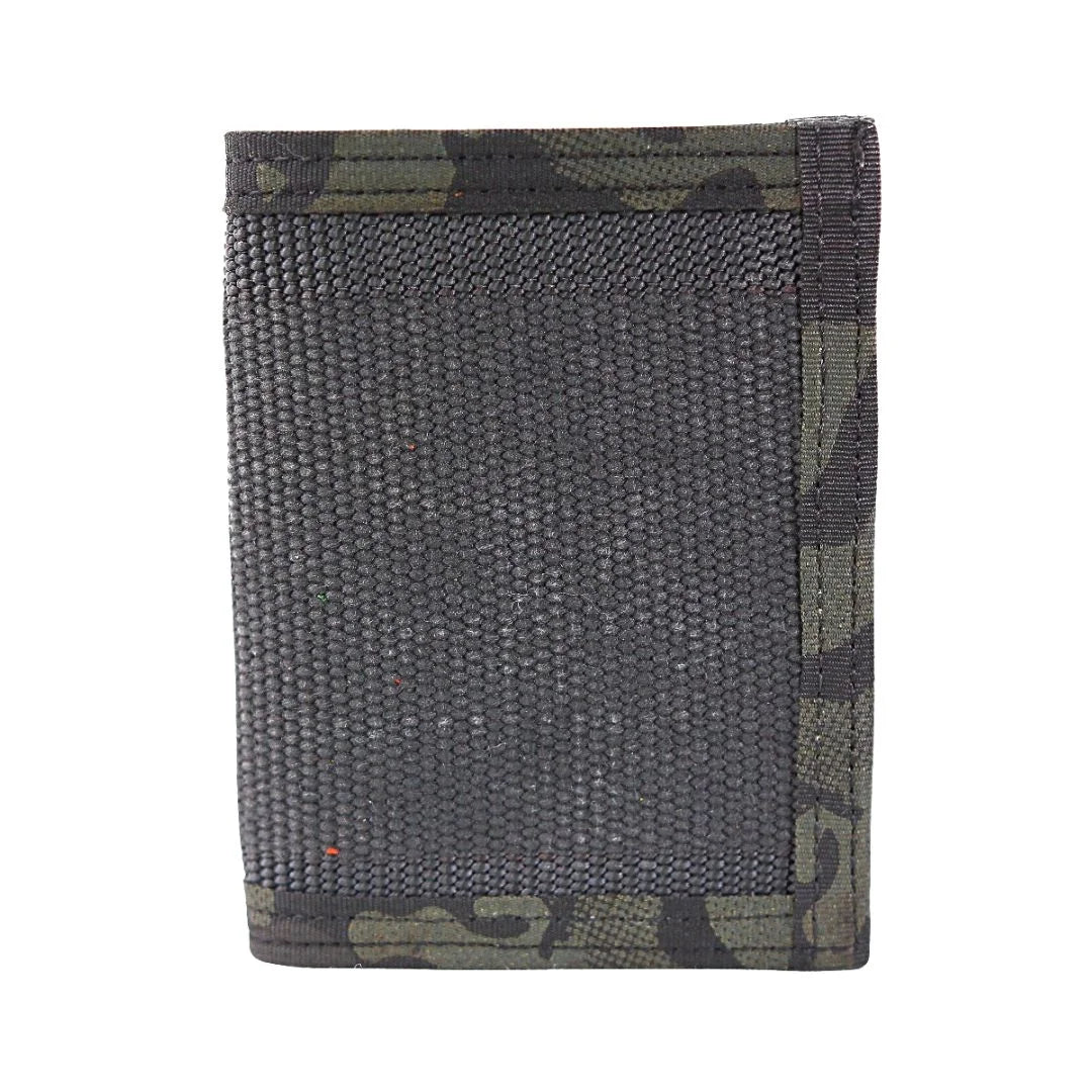 Recycled Firefighter Captain Wallet Firehose Edition in black with black stitching, made from recycled firefighter firehose material.
