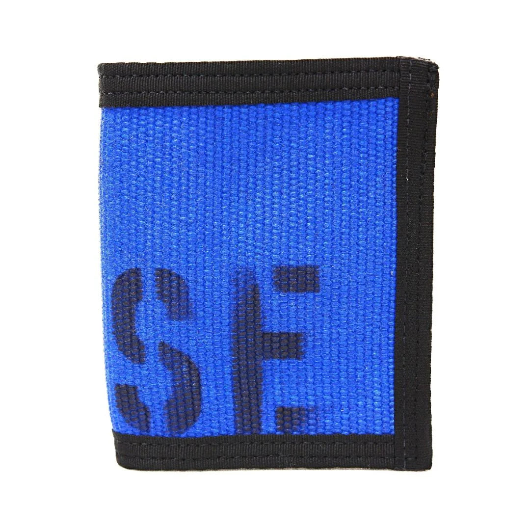 Recycled Firefighter Captain Wallet Firehose Edition in blue and black with durable firehose material, featuring multiple card slots.