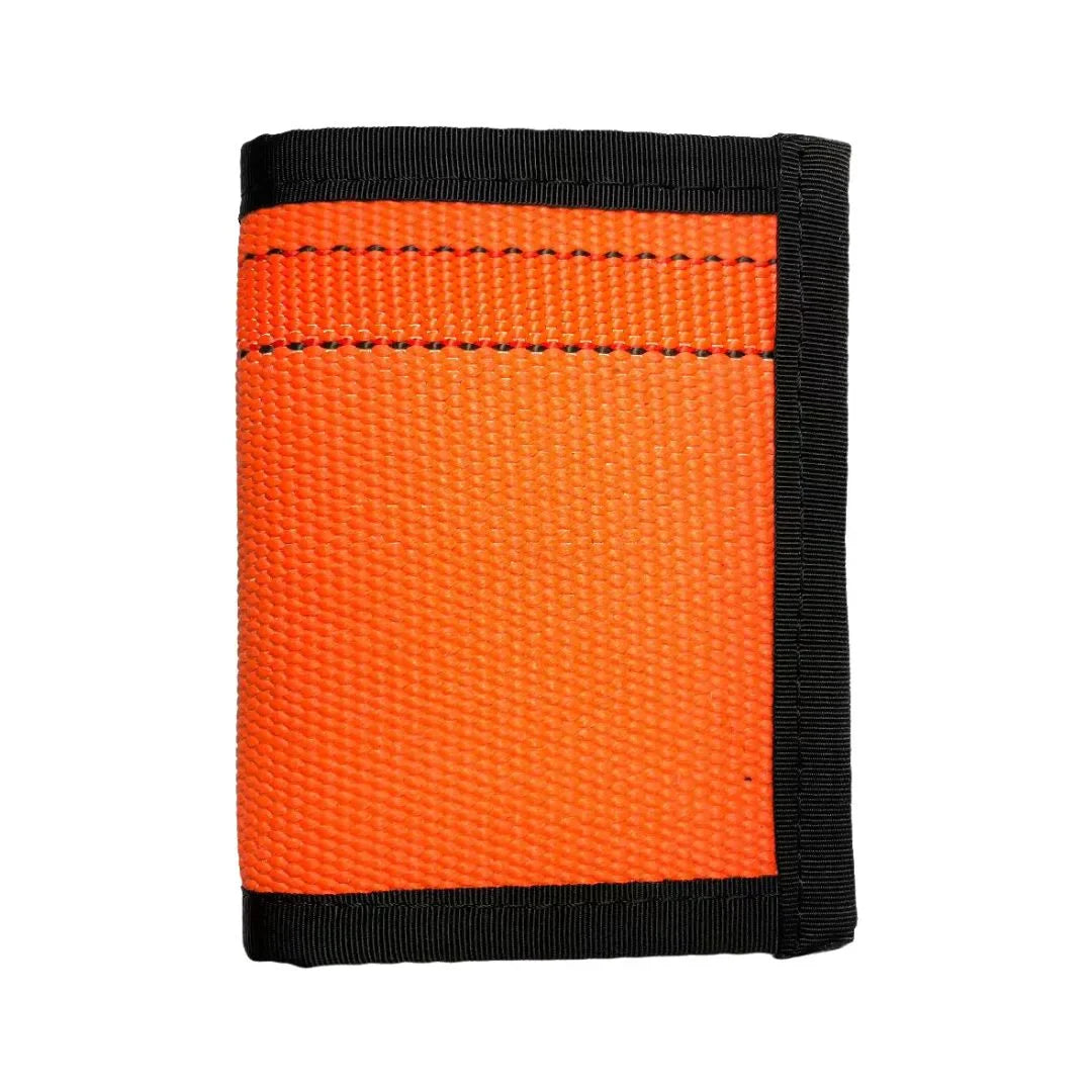 Recycled Firefighter Captain Wallet Firehose Edition in bright orange with firehose material and ID window.