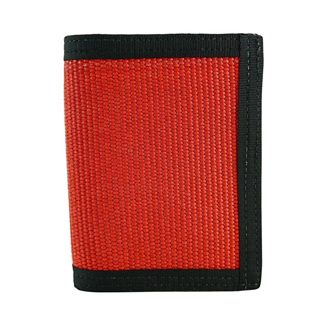 Red Captain Wallet from Recycled Firefighter Firehose Edition featuring durable recycled firehose material and multiple card slots.