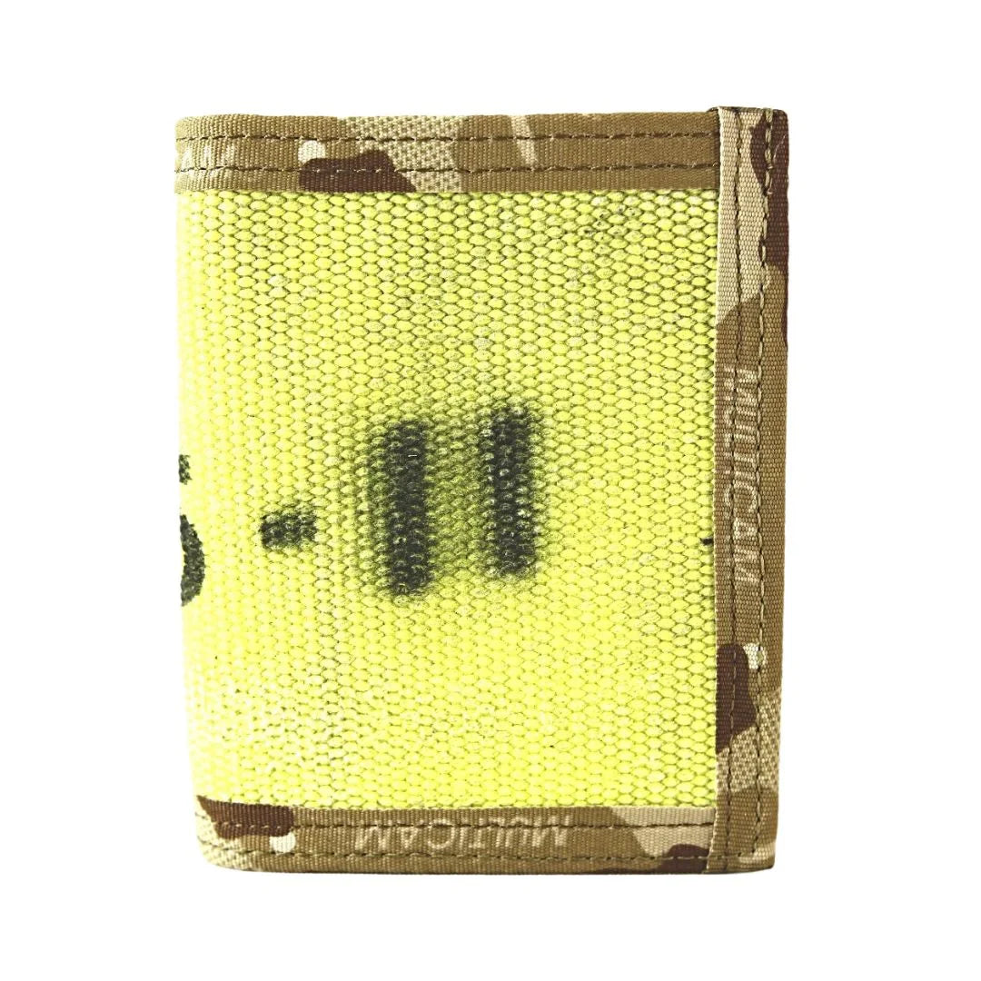 Recycled Firefighter Captain Wallet Firehose Edition in vintage yellow and Arid Multicam with interior compartments.