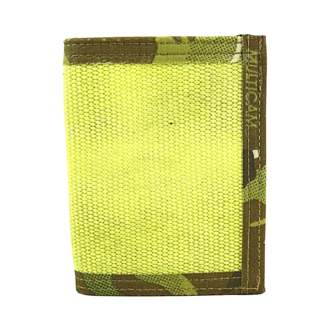 Recycled Firefighter Captain Wallet Firehose Edition with vintage yellow and Multicam design, featuring a leather interior.