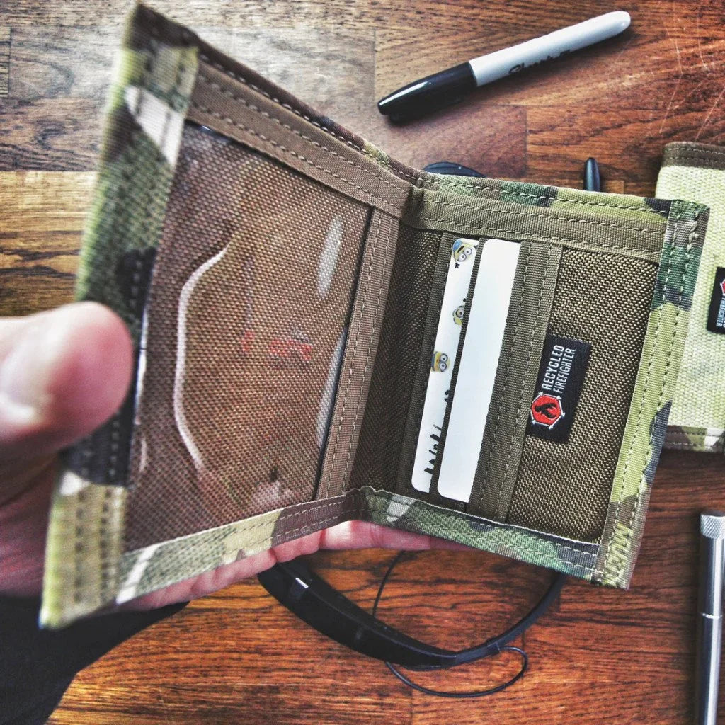 Recycled Firefighter Captain Wallet in combat leather edition with firehose-inspired design, showcasing durable leather and wallet features.