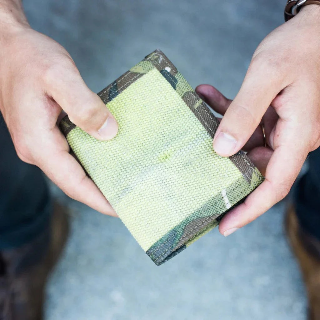 Recycled Firefighter Captain Wallet Firehose Edition made of durable firehose material, featuring multiple card slots and a sleek design.