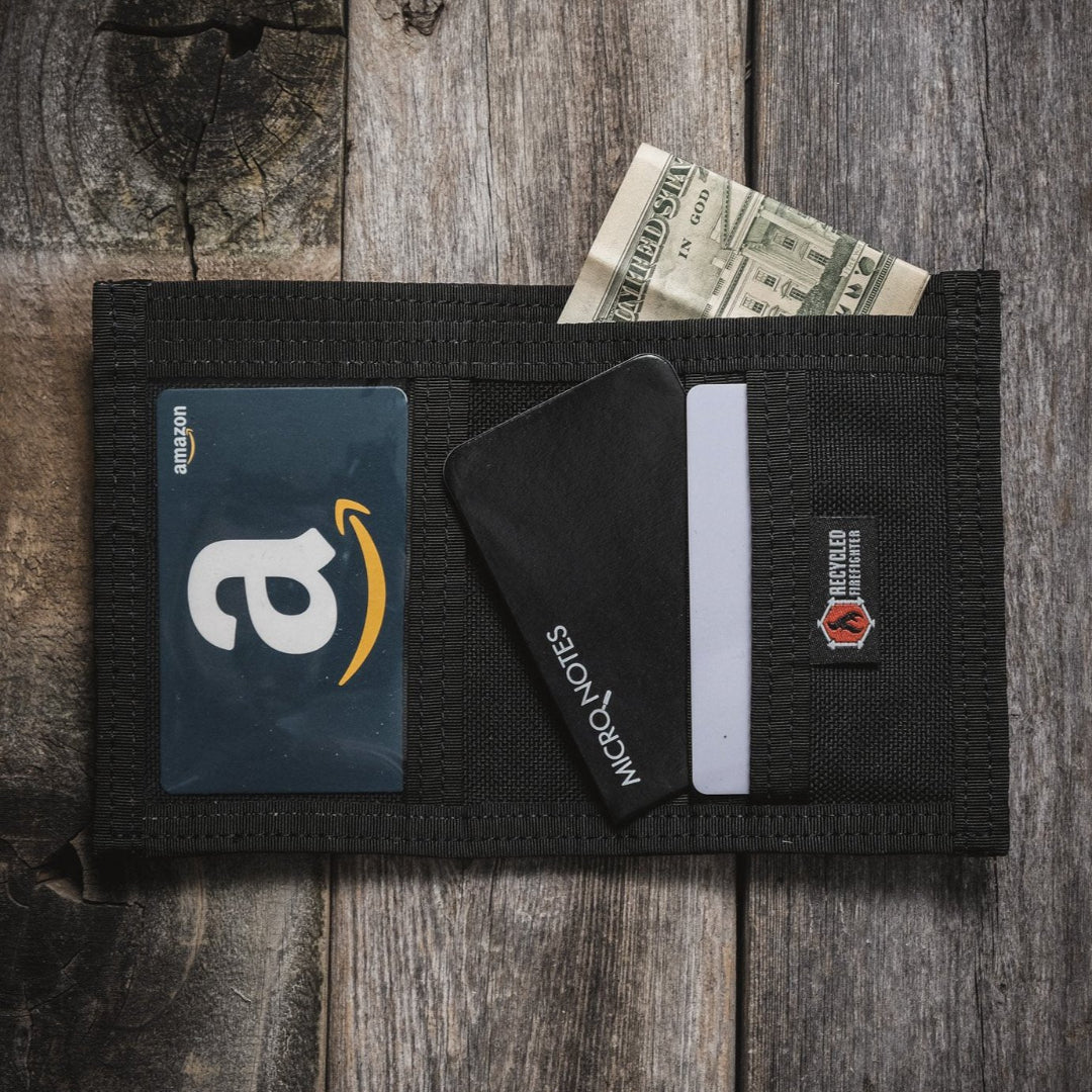 Recycled Firefighter Captain Wallet in combat leather, featuring firehose material and multiple card slots, rugged and stylish.