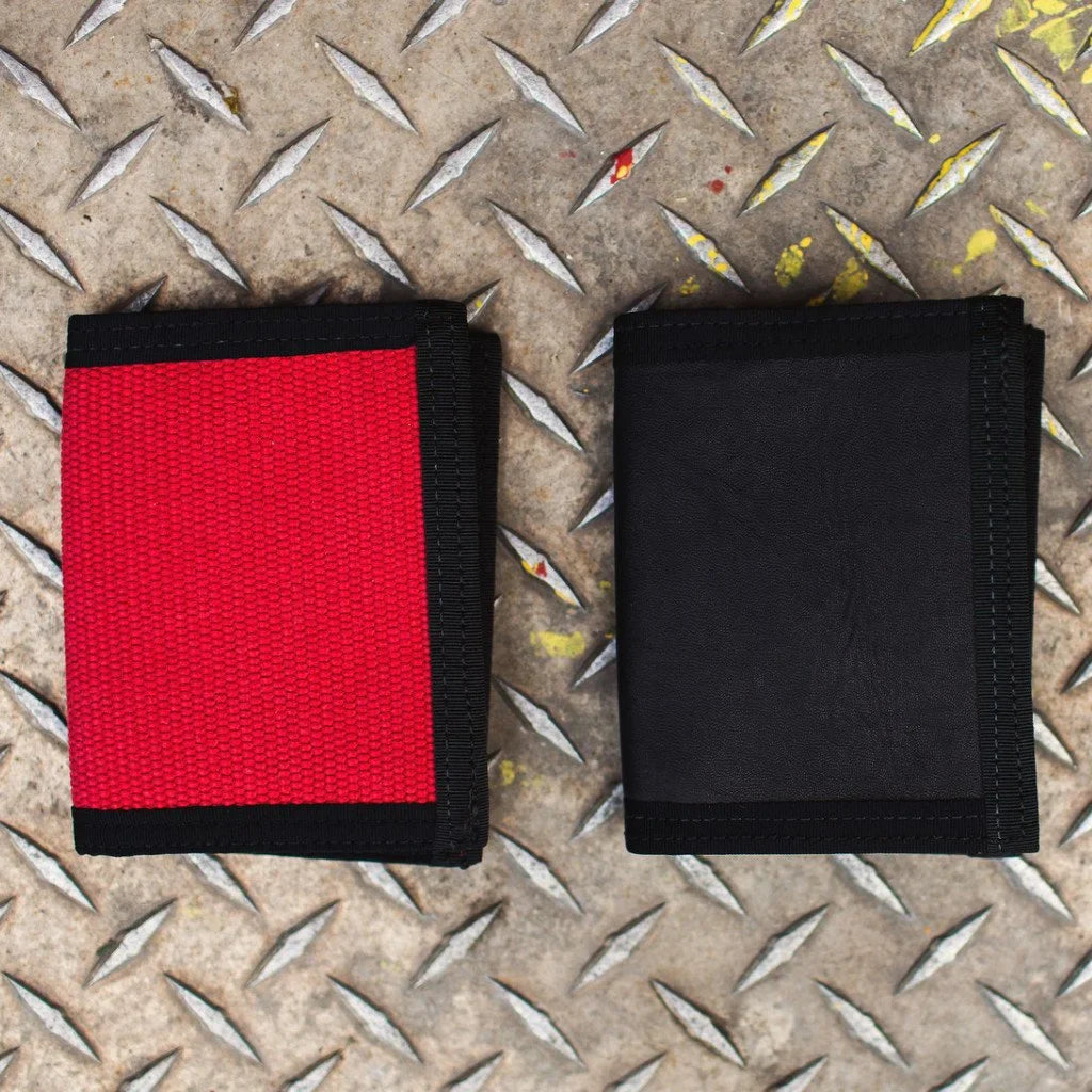 Recycled Firefighter Captain Wallet Firehose Edition in red and black, featuring a durable leather and firefighter-themed design.