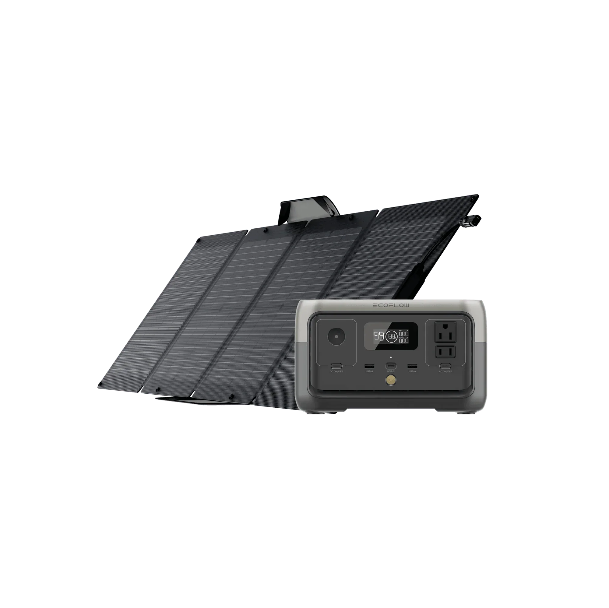 Green Vista Living EcoFlow RIVER 2 portable solar generator with a 110W solar panel, compact and lightweight for outdoor use.