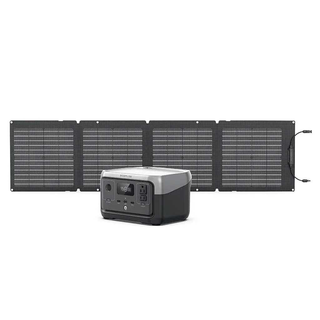Green Vista Living EcoFlow RIVER 2 portable solar generator with a 110W solar panel for outdoor power.
