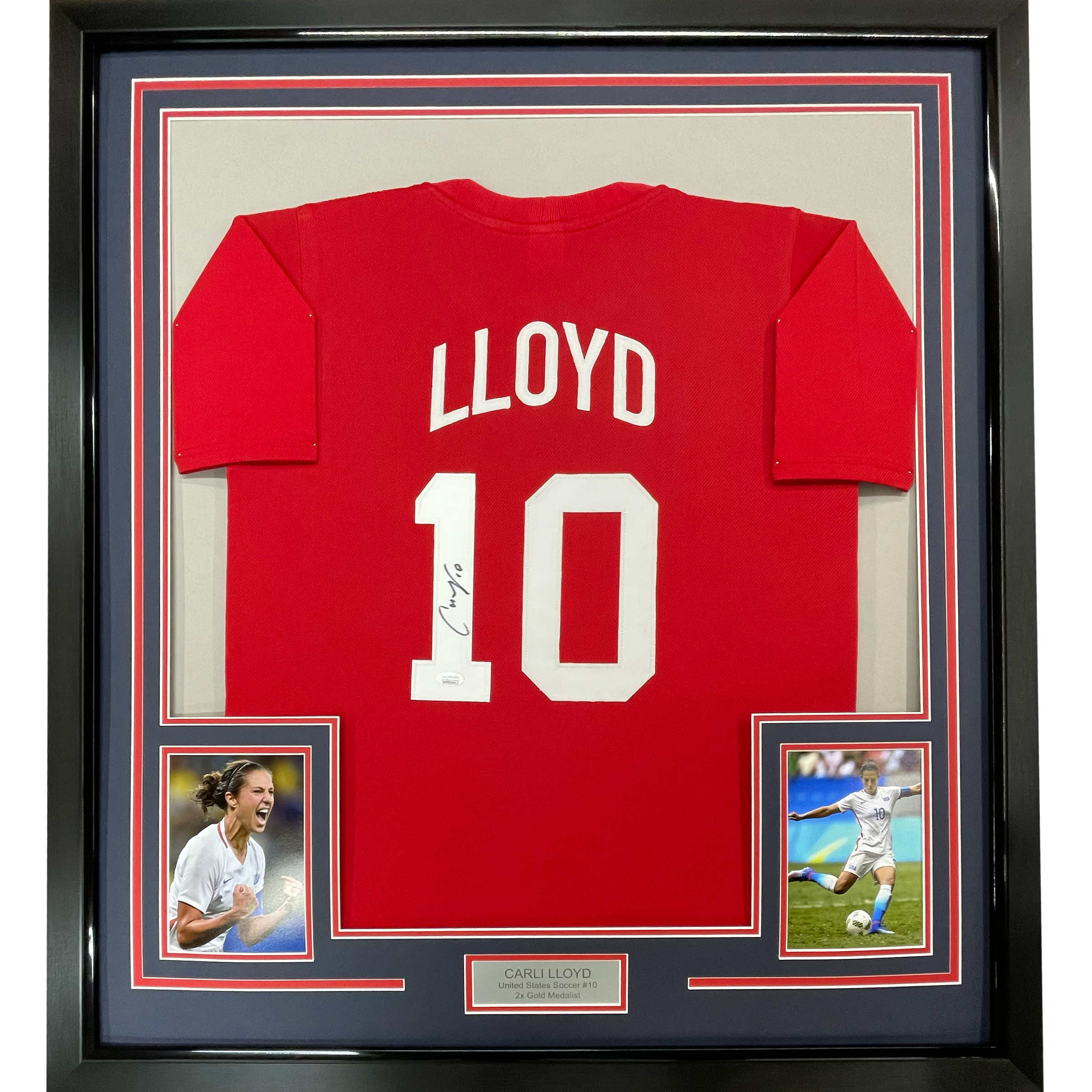 Framed Autographed/Signed Carli Lloyd 35x39 Red Soccer Team USA World Cup Jersey JSA COA - OVERLANDERS Outfitter