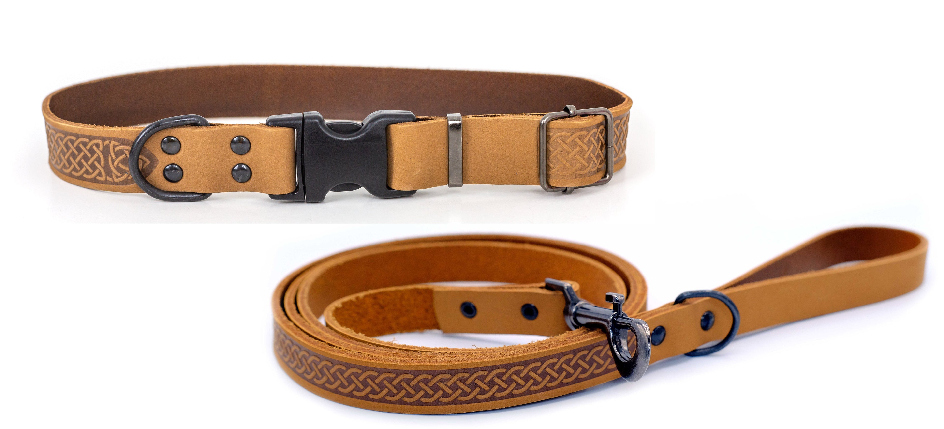 Euro-Dog Collars and Leads Celtic leather dog collar and leash set with intricate Celtic design and durable leather craftsmanship.