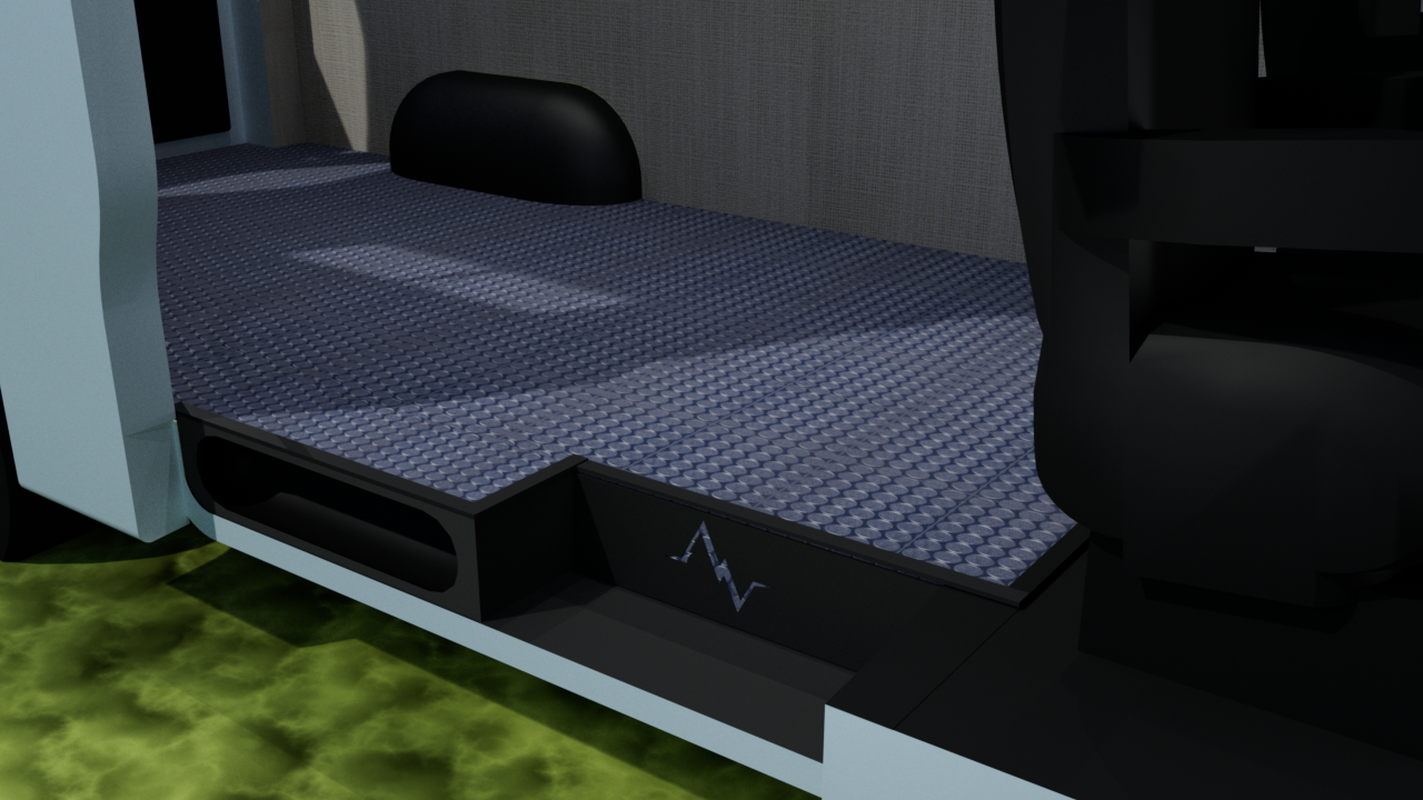 Cerulean blue insulated floor kit for vans from Alpine Van Works, LLC, featuring durable, weatherproof flooring with insulation layers.