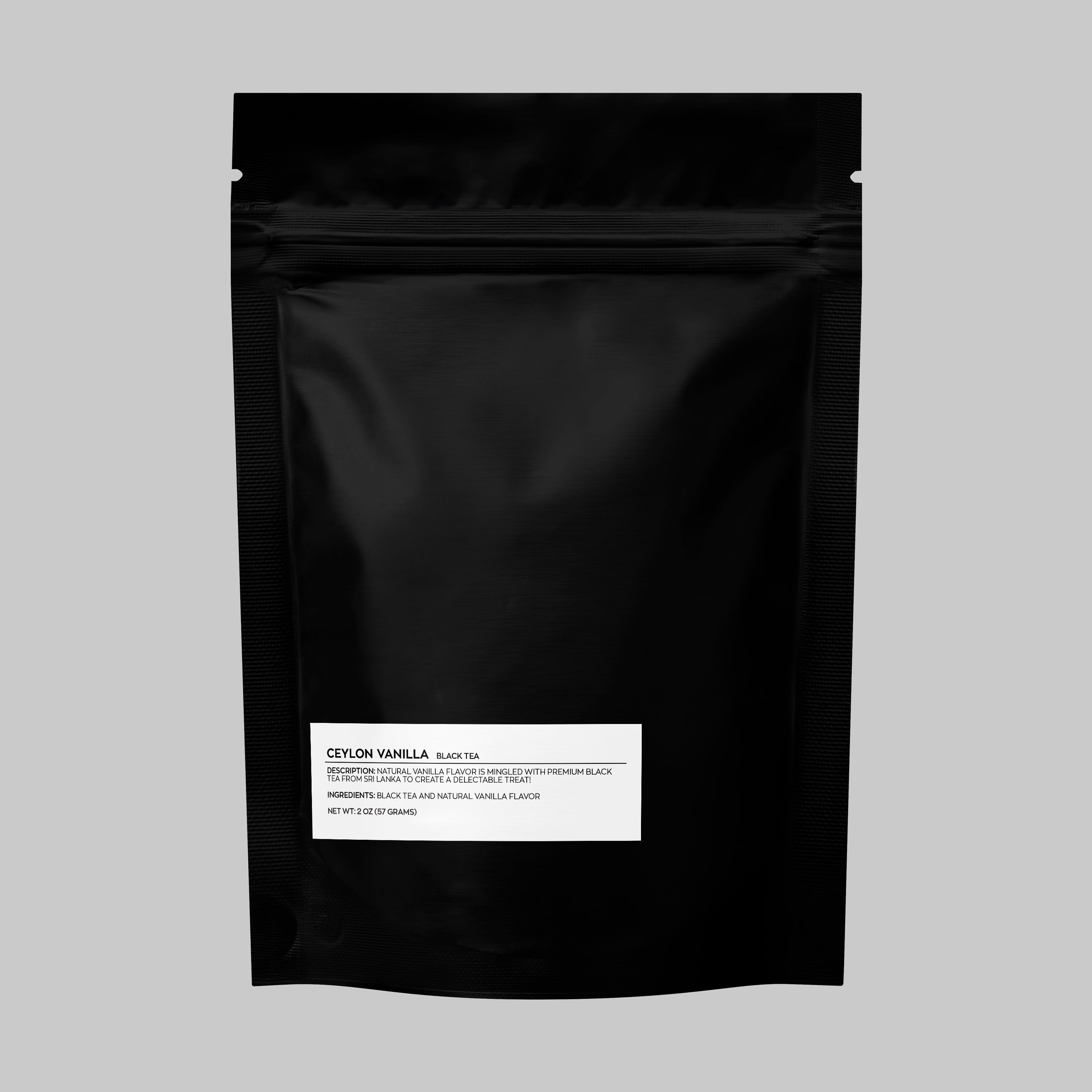 Ceylon Vanilla black tea refill by Little Prayer Tea Company in a resealable package with tea leaves and vanilla flavoring.