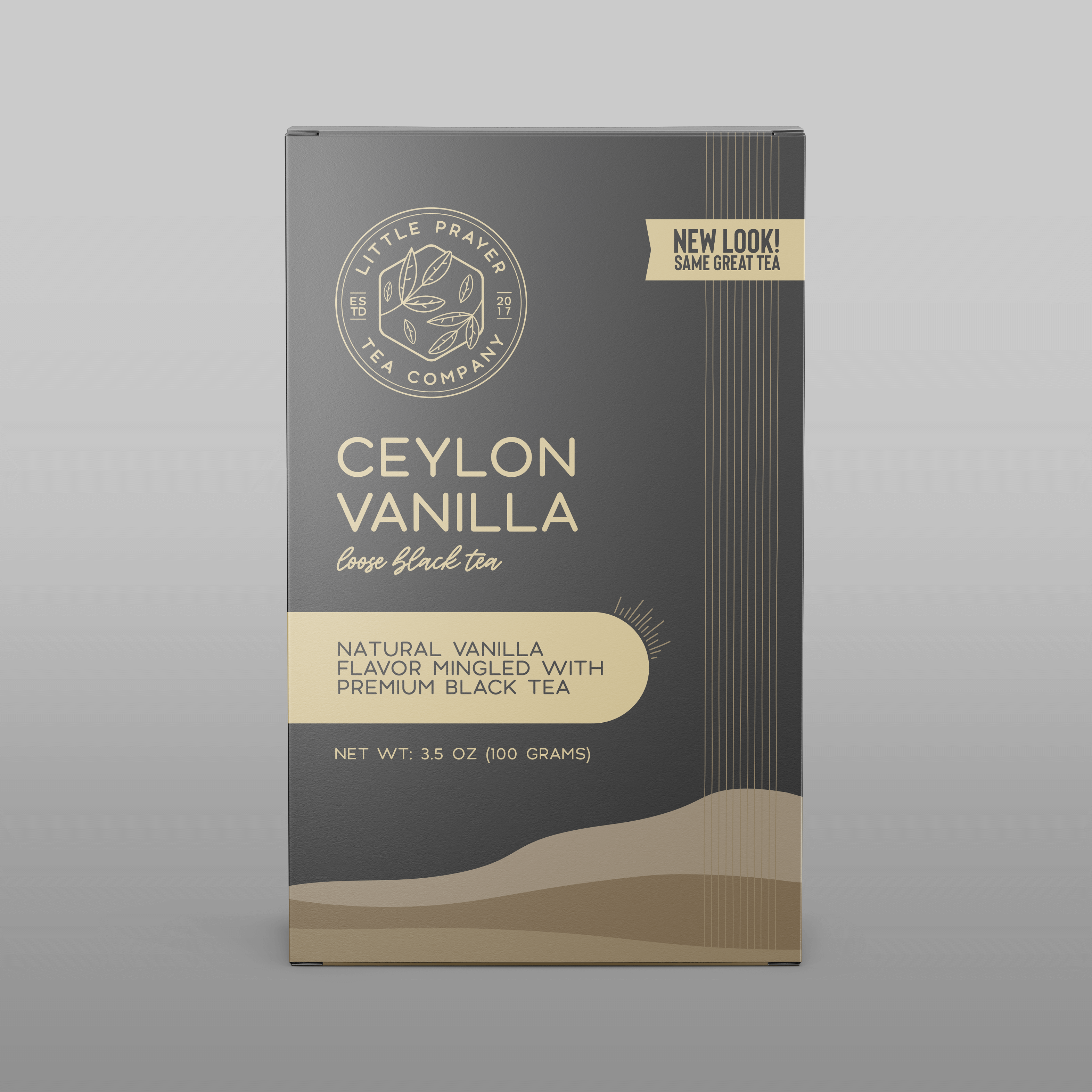 Ceylon Vanilla black tea from Little Prayer Tea Company in a tea bag with vanilla bean and tea leaves visible.