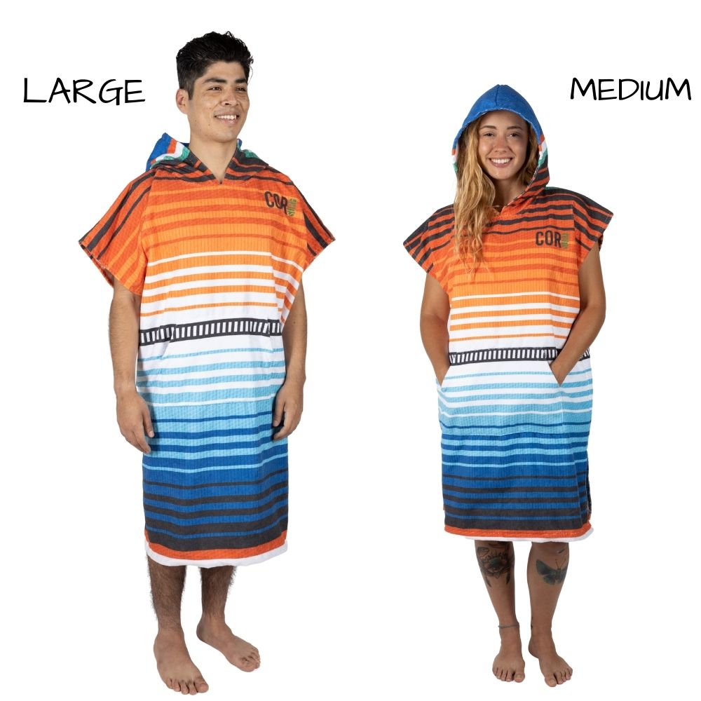 Adult large COR Surf changing towel poncho with colorful sarape design, showing side view of the apparel for easy changing.