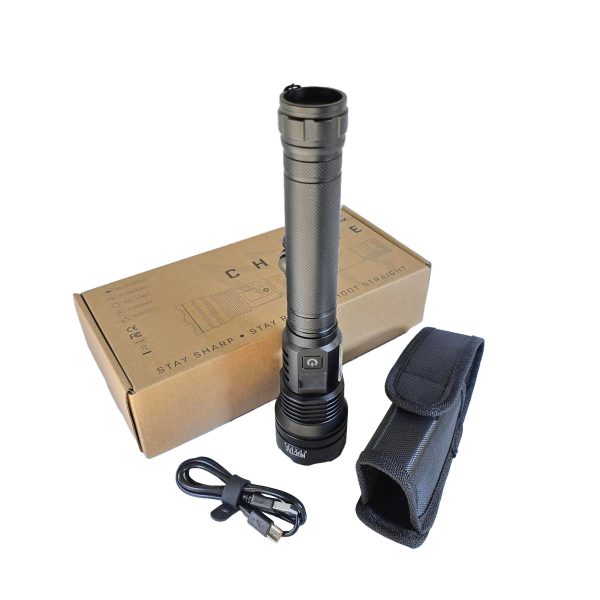 MUCITUP Muctac CHARGE flashlight with LED beam, zoomable focus, USB charging port, aluminum alloy body, IP65 water-resistant design