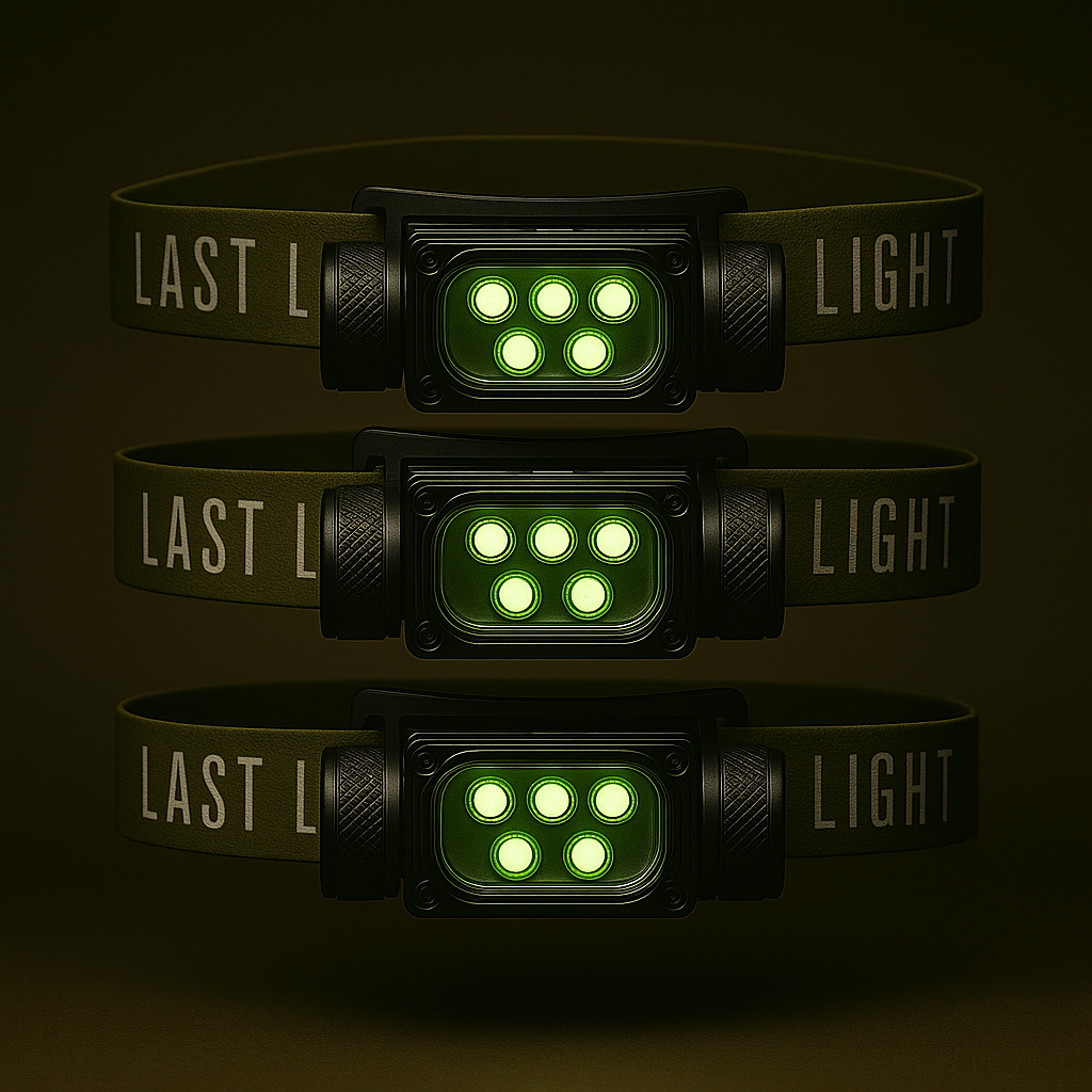 Last Light LLC Strike 1800 headlamp with adjustable straps and bright LED light for outdoor activities and hands-free illumination.