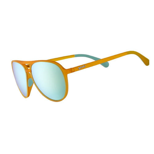 Side view of Rare Air Discs Cheesy Flight Attendant polarized sunglasses, accessory with retro-inspired design and black frames.