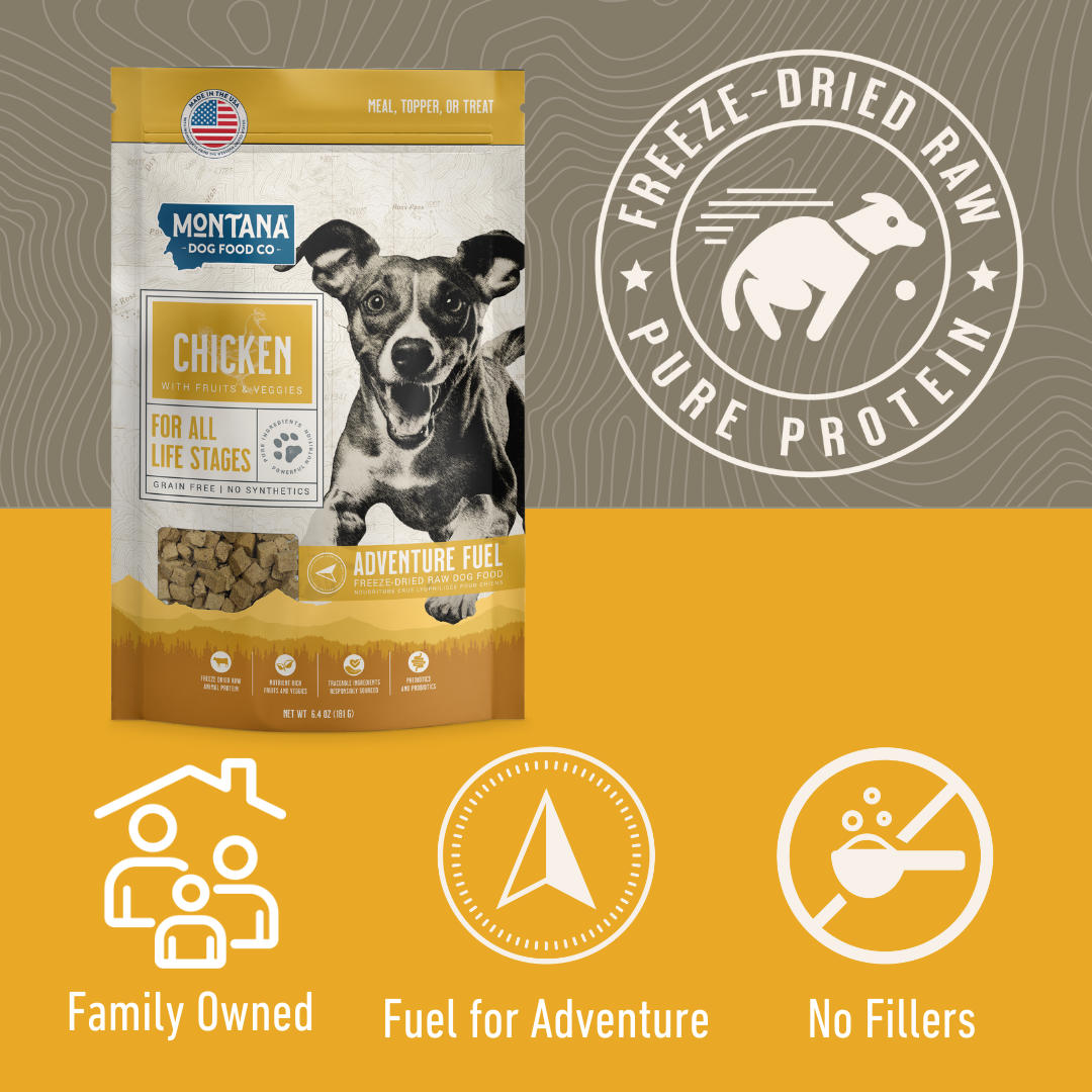 Grain-free chicken freeze-dried raw dog food topper from Montana Dog Food Co, showcasing the tasty chicken recipe.