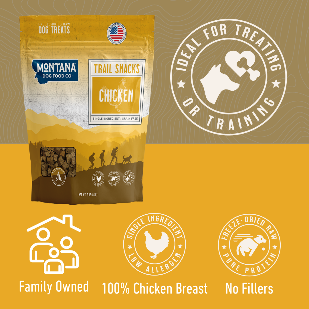 Freeze-dried chicken breast dog treats from Montana Dog Food Co, 3oz, showing the raw, crunchy snack for dogs.
