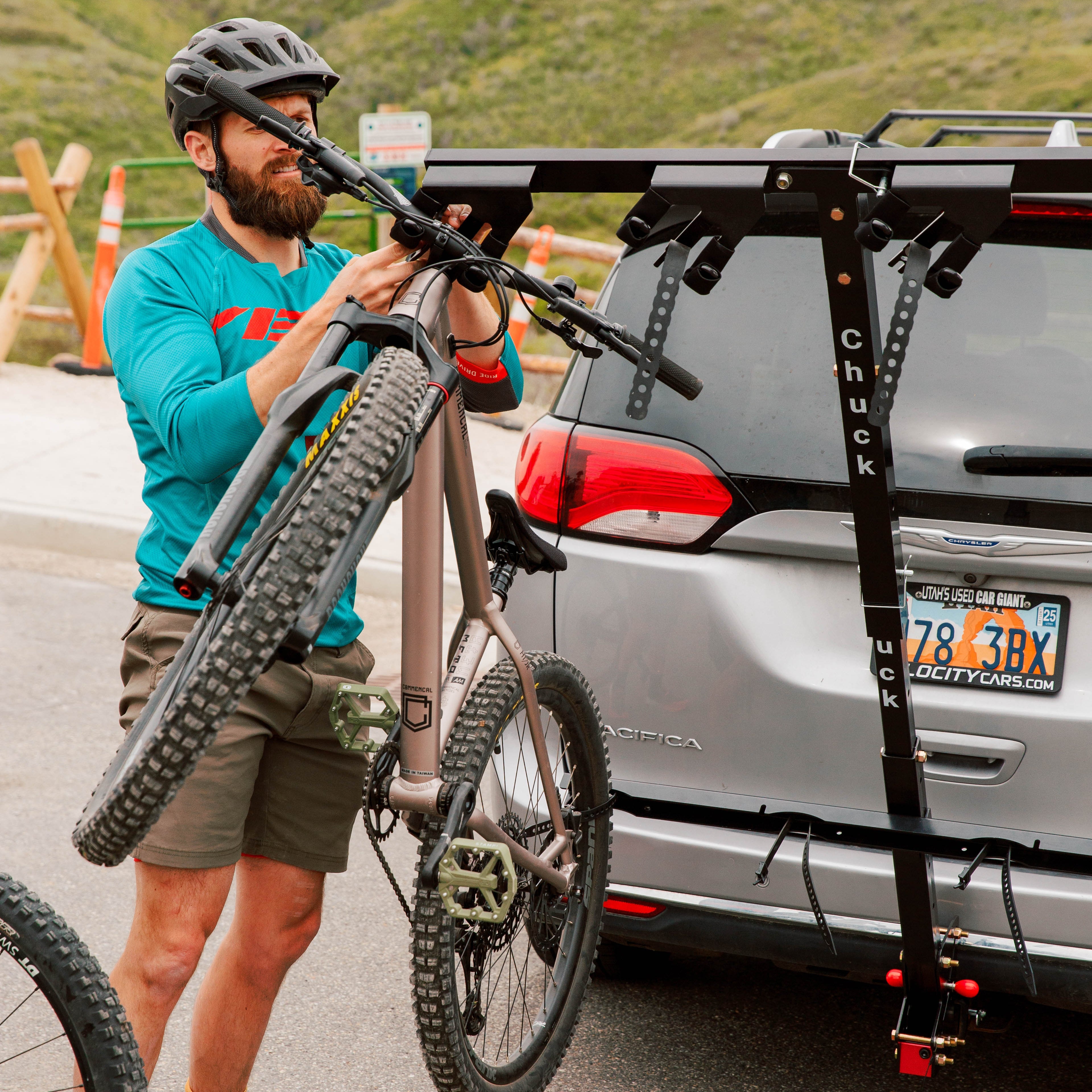 Vertical bike rack by Chuck designed to hold four bicycles, featuring sturdy construction and space-saving design.