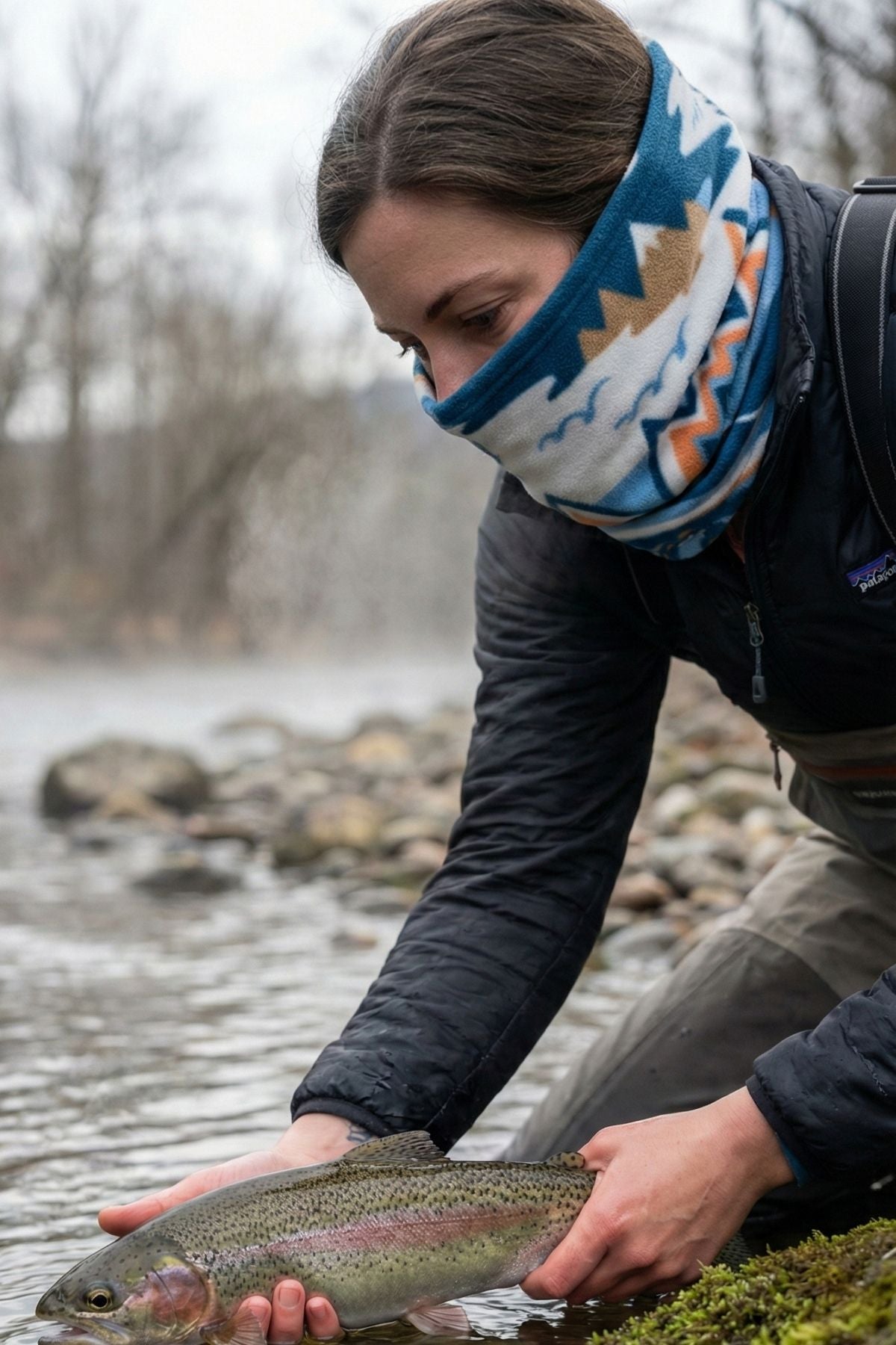 FisheWear Chummy reversible neck tube showing both solid and patterned sides, snug fit around the neck for warmth and style.