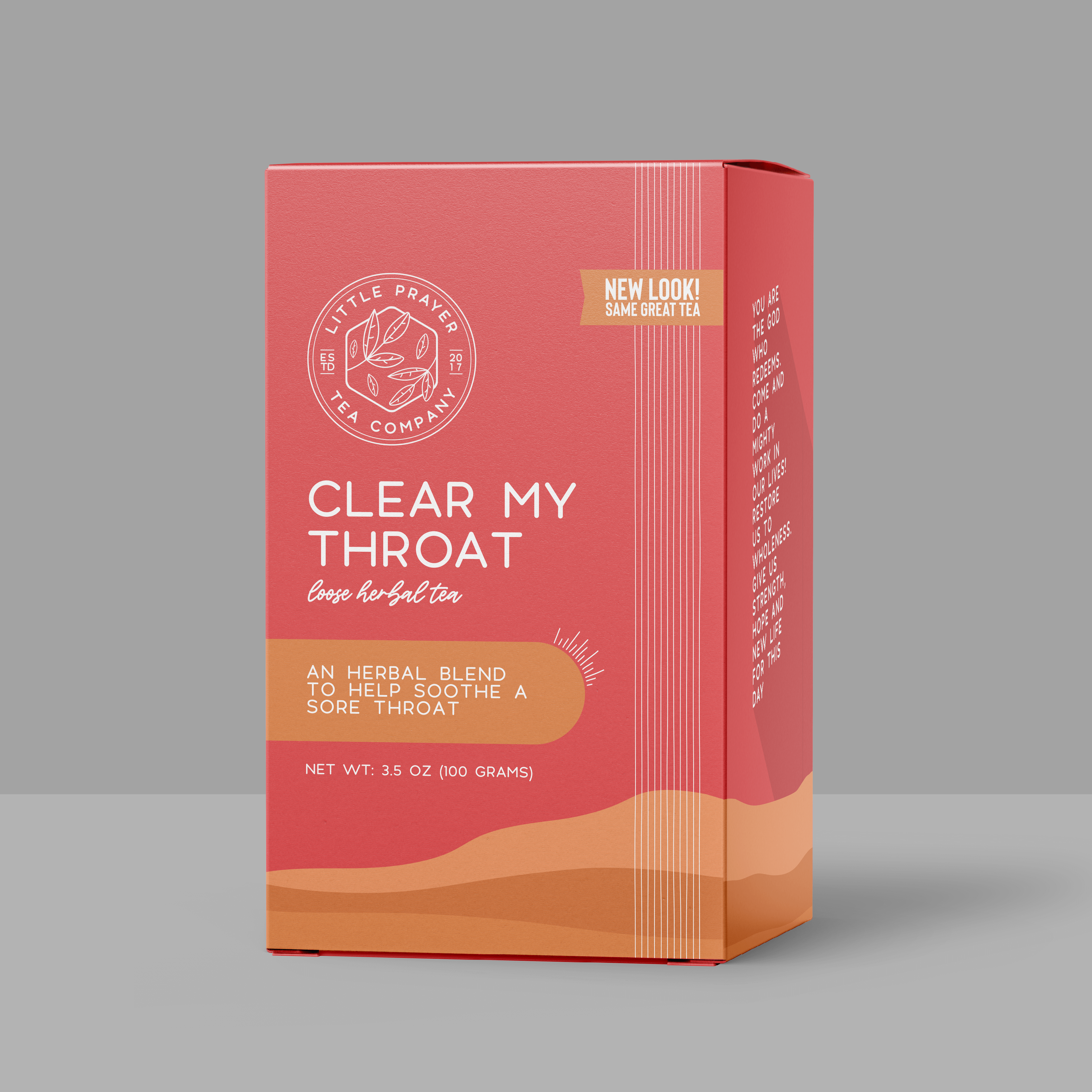 Box of Little Prayer Tea Company's Clear My Throat herbal tea with a white and blue packaging design, front and right side view.