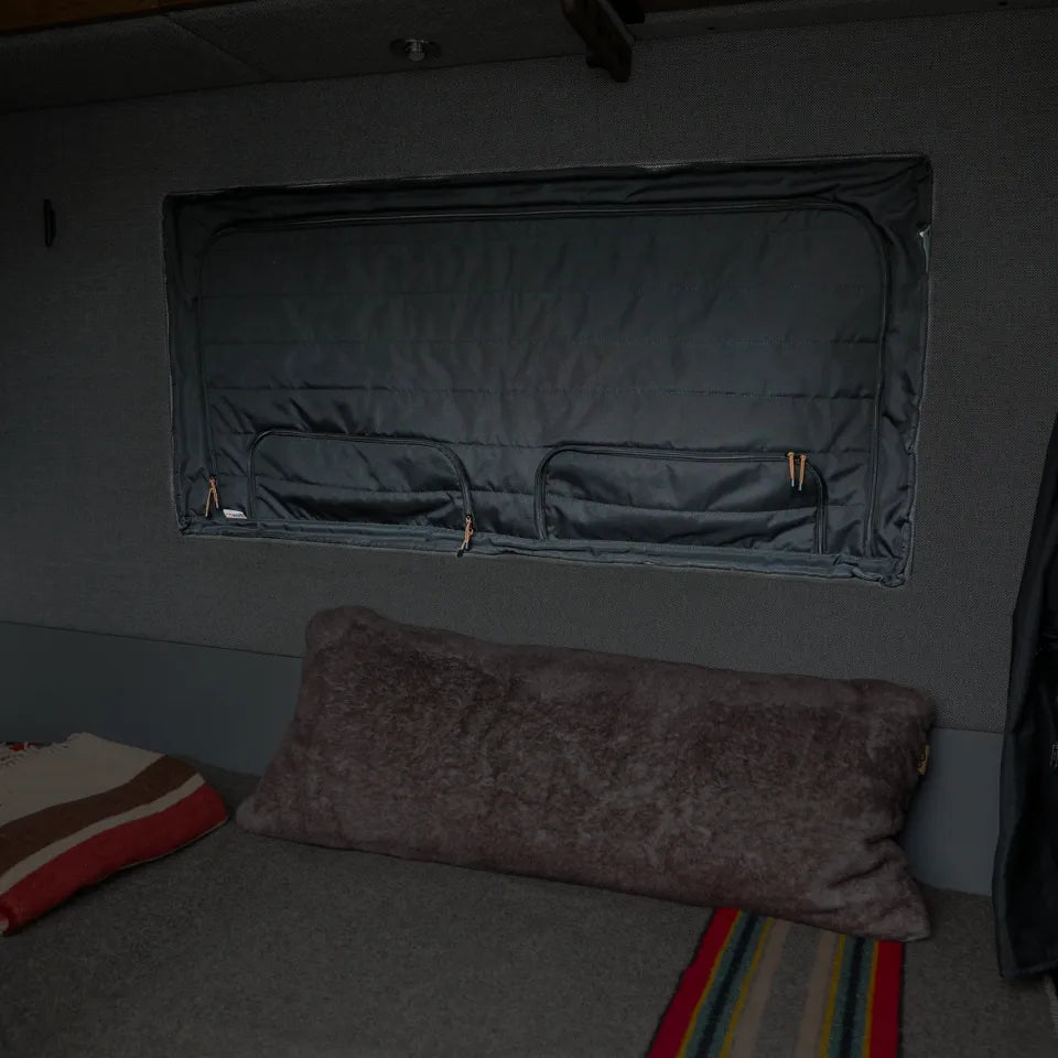 Canyon Adventure Vans CLIMA-SHADE™ insulated groove lounge window cover for CAV branded products, designed for outdoor window shading.
