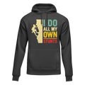 Black unisex hoodie from Outdoorzees with climbing and "I Do All My Own Stunts" graphic print.