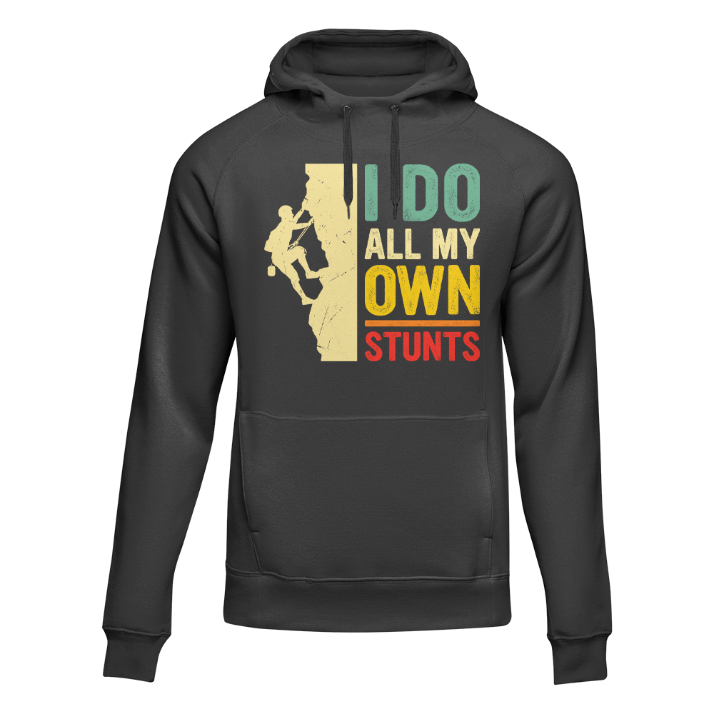 Black unisex hoodie from Outdoorzees with climbing and "I Do All My Own Stunts" graphic print.