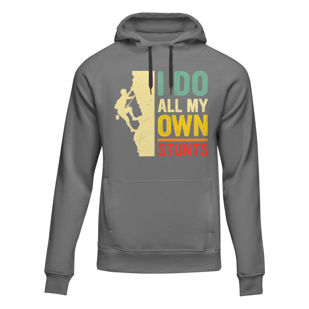 Grey unisex hoodie by Outdoorzees featuring climbing and stunt design, with bold "I Do All My Own Stunts" print.