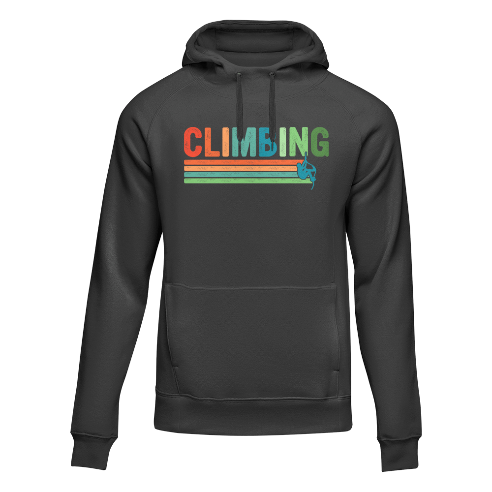 Black unisex climbing hoodie by Outdoorzees featuring a comfortable fit and outdoor-inspired design.