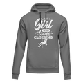 Grey unisex hoodie by Outdoorzees featuring a climbing girl design, perfect for outdoor climbing enthusiasts.