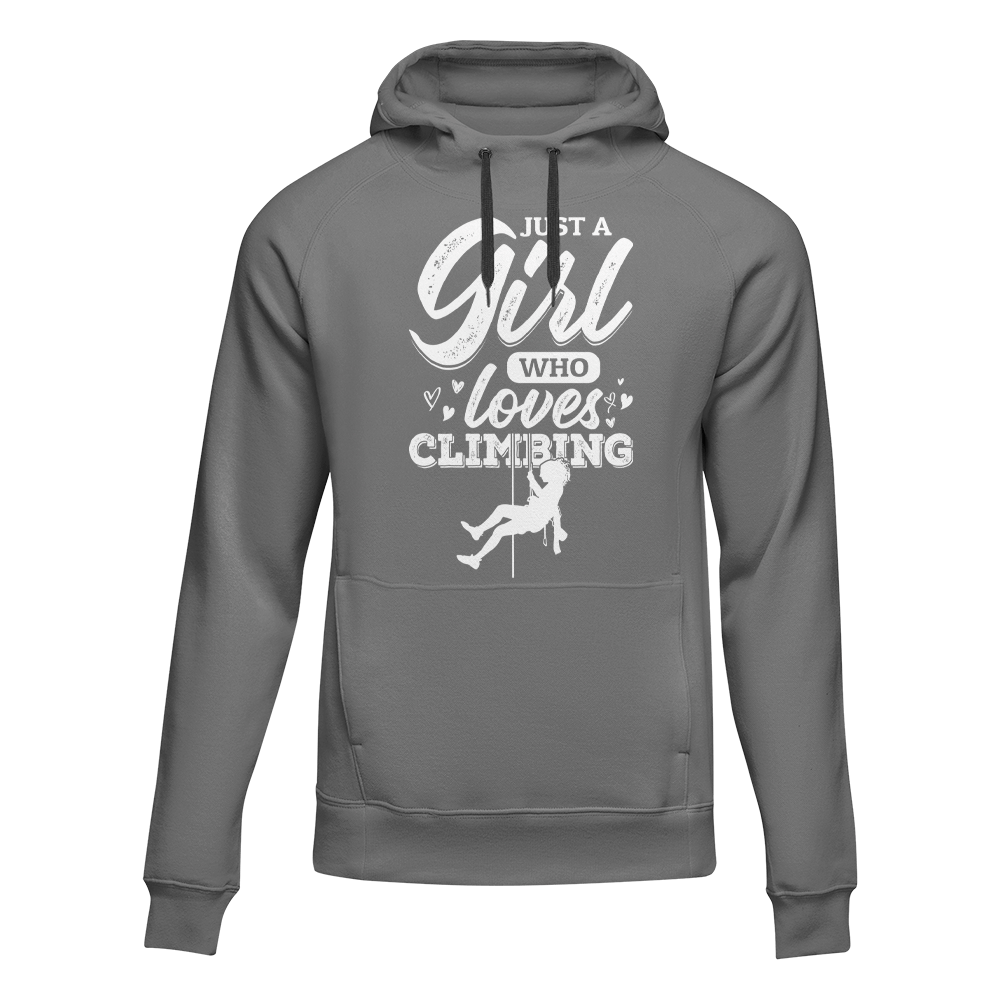 Grey unisex hoodie by Outdoorzees featuring a climbing girl design, perfect for outdoor climbing enthusiasts.