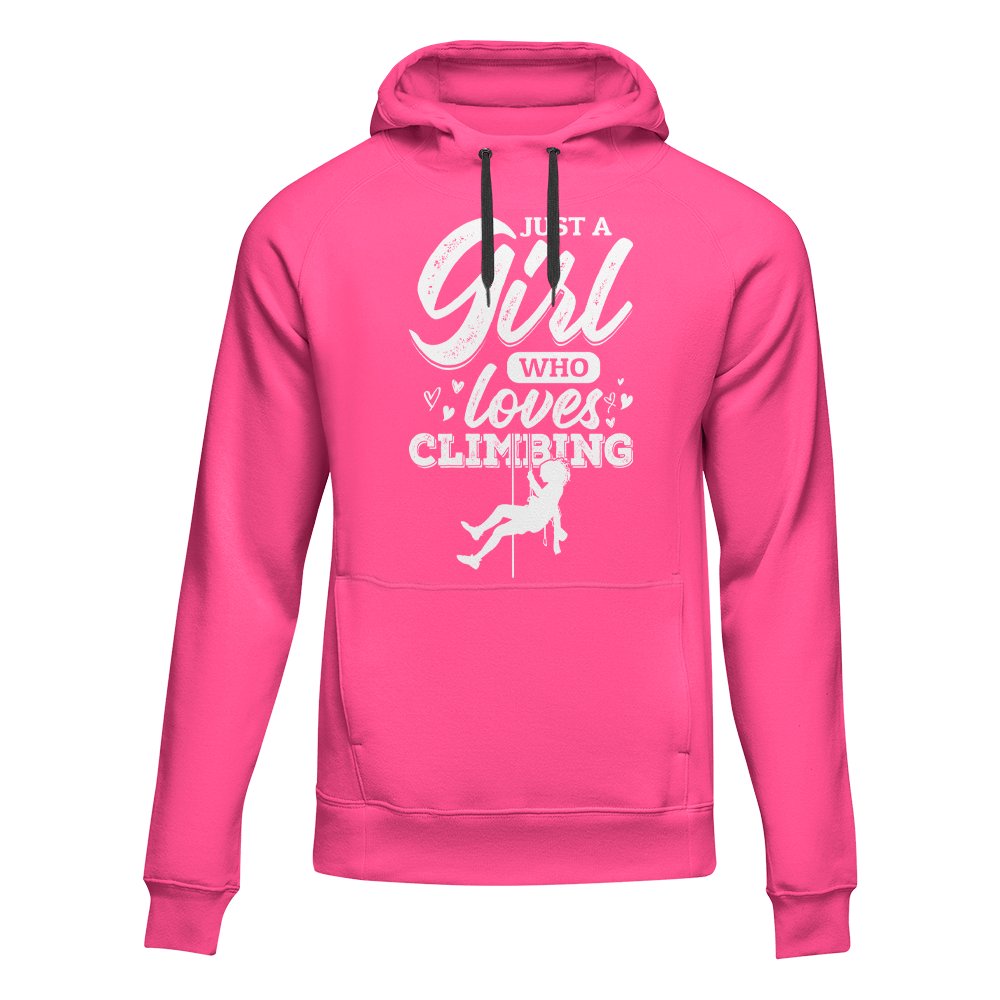 Pink climbing hoodie for women and men by Outdoorzees featuring a "Just A Girl Who Loves Climbing" graphic design.